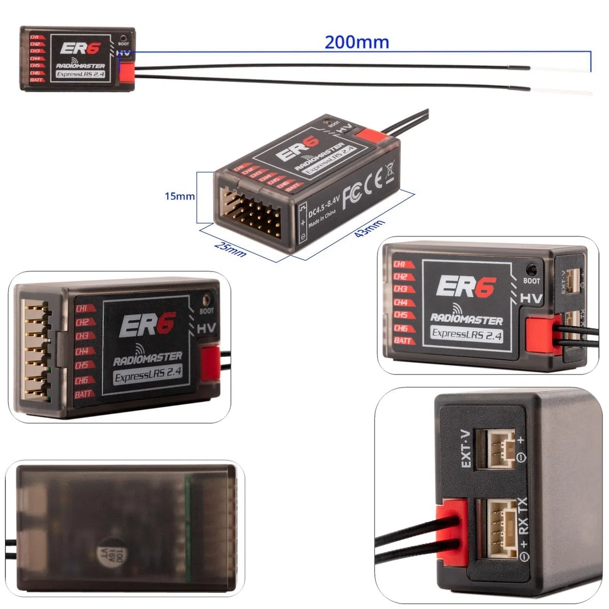 HTLNUZD ER6 PWM 2.4G RC Récepteur 6CH CRSF pour Radiomaster Support Tension Télémétrie WiFi Mise à jour pour Avions à voilure fixe Noir, Noir, 1.6