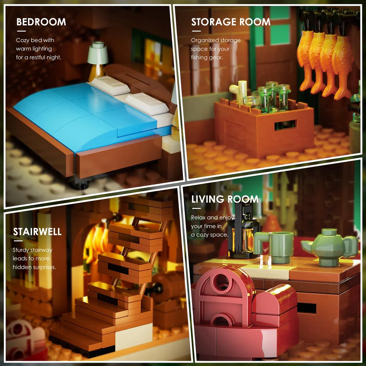 INSOON Jeu de Construction Maison en Bois avec lumières Adultes | Mini briques de construction, chalet forestier avec animaux, modèle décoratif pour maison et bureau, cadeau femmes hommes