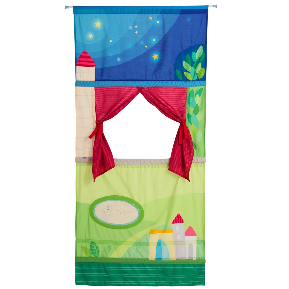 HABA Théâtre de Porte Théâtre de marionnettes Flexible avec Barre télescopique, Fixation Facile dans l’encadrement de Porte, théâtre de marionnettes à partir de 3 Ans – 2011845001