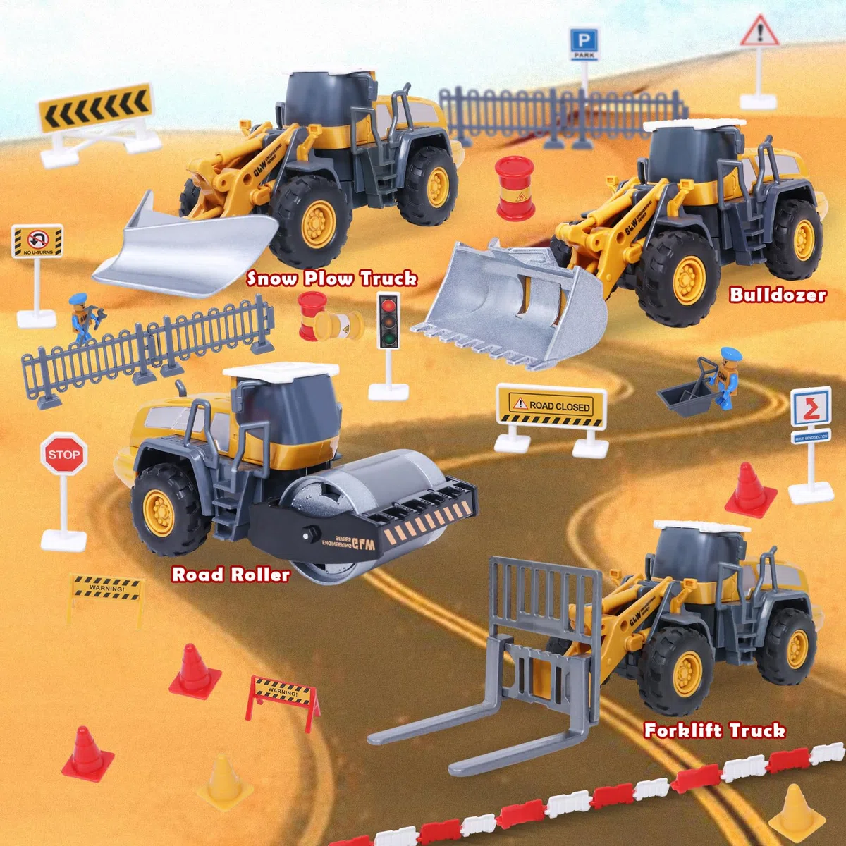 Véhicule Chantier Jouet Enfant avec Camion de Construction, Grue à Tour, Bulldozer, Rouleau compresseur, Chariot élévateur, Véhicules de Construction Grand Camion Cadeau Enfant Garçon 3 4 5 6 7 ans