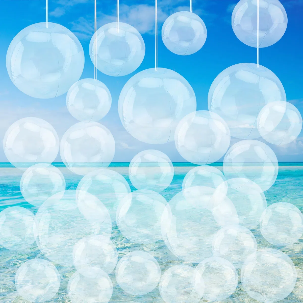 Lot de 30 balles de plage gonflables transparentes de 20,3 cm, 30,5 cm, 40,6 cm avec corde de suspension pour l'été, la piscine, les fêtes