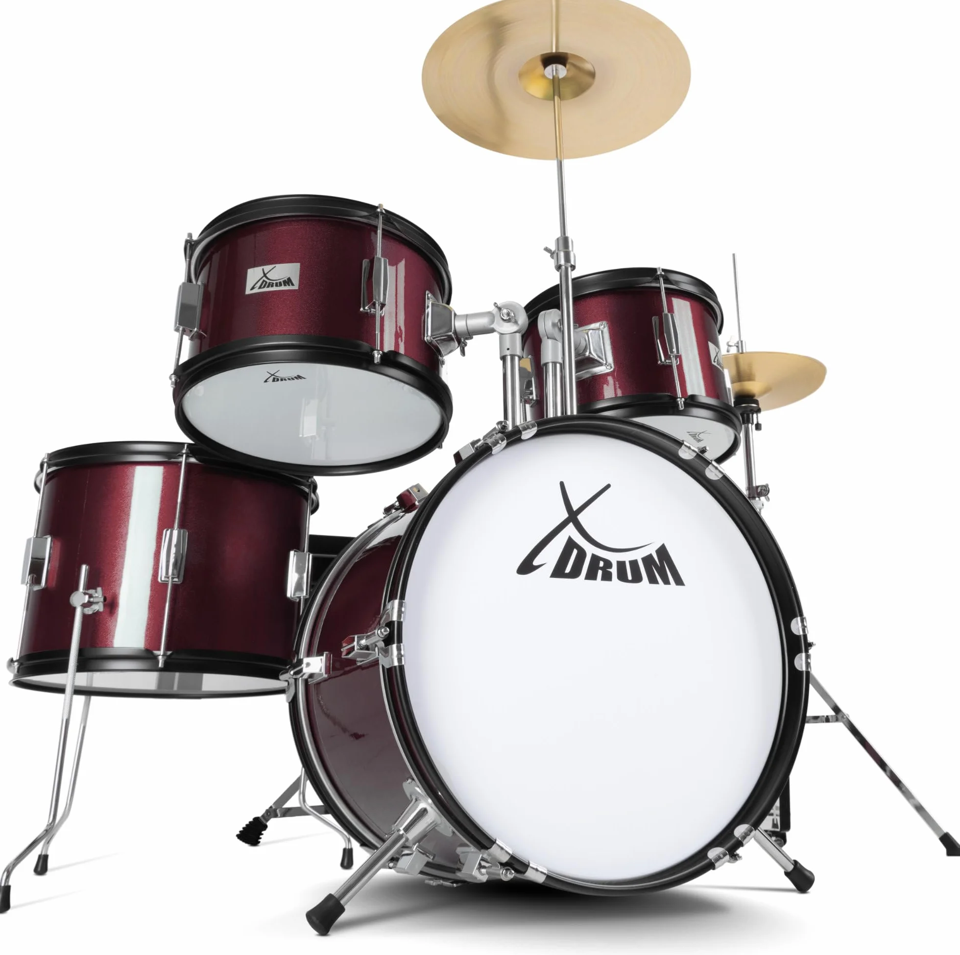 XDrum Junior Pro Batterie Enfant Rouge incl. École, Batterie composée de | Matériel 5 pièces simple, Grosse caisse 16", Pédale, HiHat 10", Caisse claire 12", Deux toms 10" et 11", Tom basse 13"