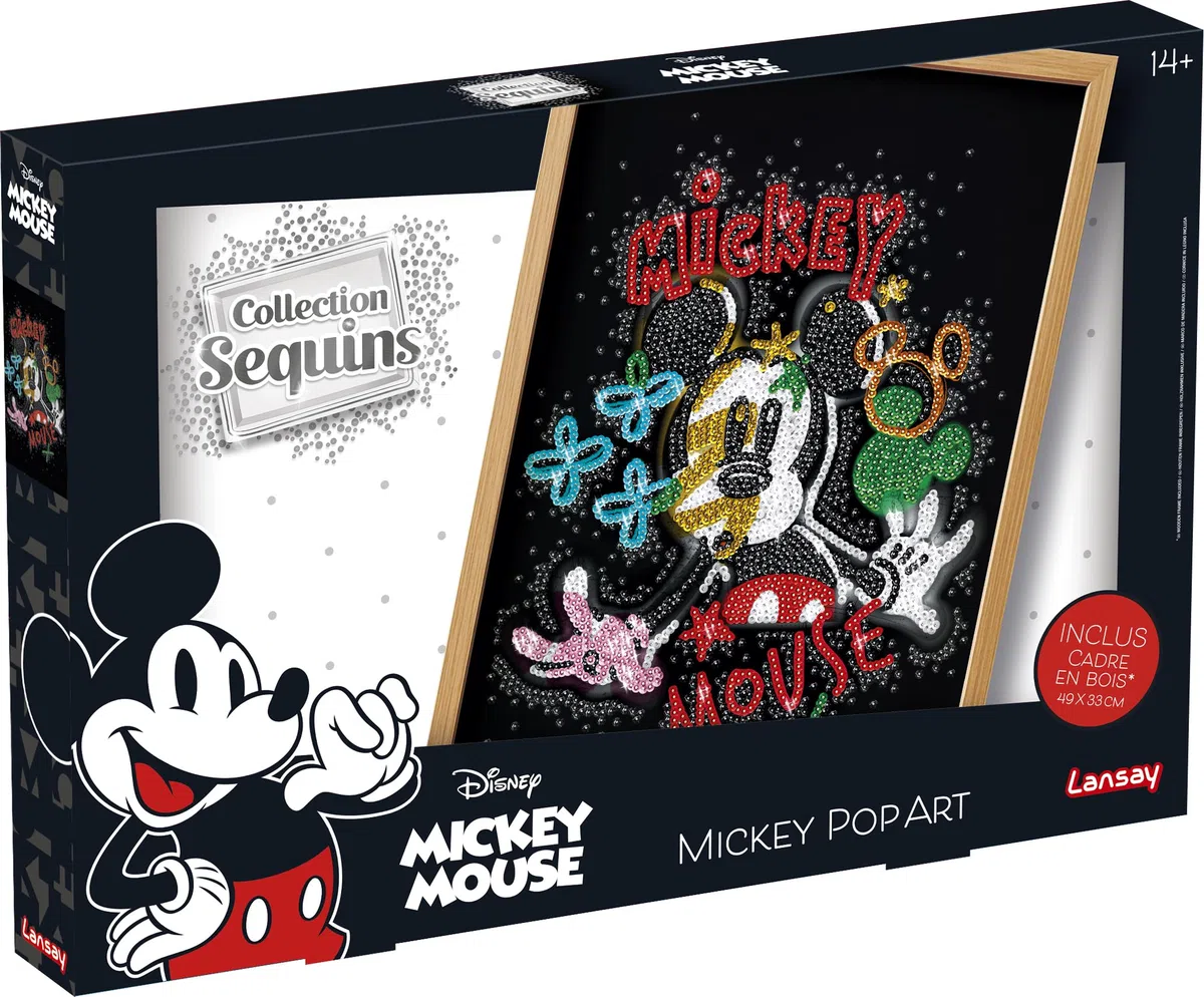 Lansay - Sequins XXL Disney Mickey Pop Art - Cadre en Bois - Dès 14 Ans