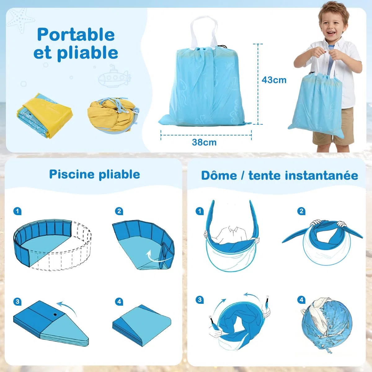 Piscine Pliable pour Enfants avec Toit Pare-Soleil et moustiquaire, Montage Rapide – 3-en-1 Piscine Portable pour bébé avec Ventilation, INCL. Sac de Transport pour Plage, Jardin, Camping et Voyages