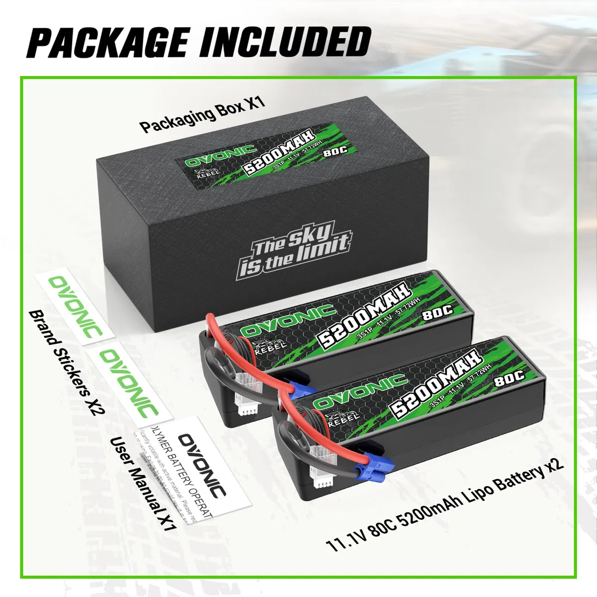 OVONIC Batterie Lipo RC 3S 80C 5200 mAh 11,1 V avec connecteur EC5 rigide pour voiture RC Monster Truck RC Truggy Buggy RC Truck Hobby (2 pièces)