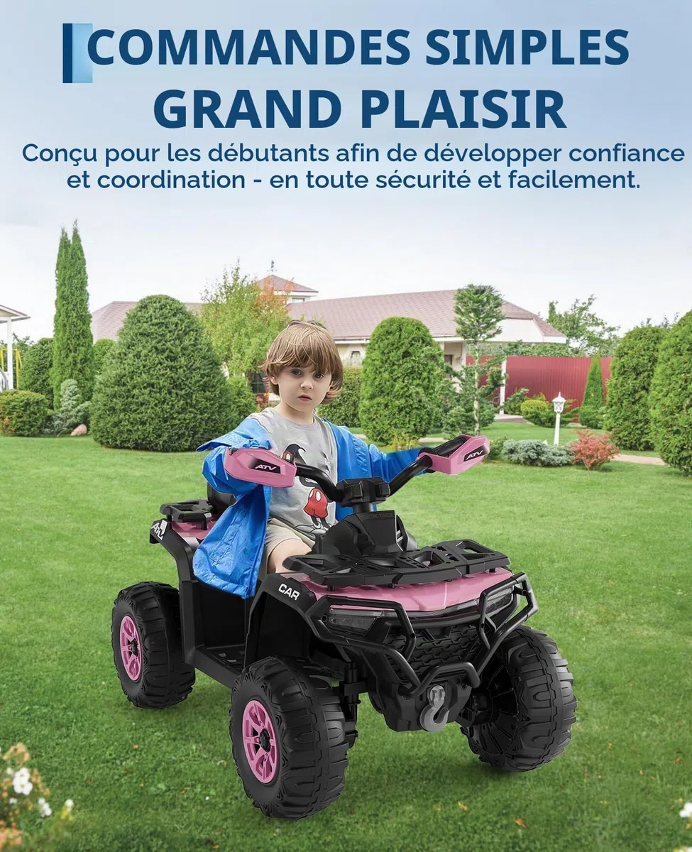 Quad Électrique Enfant 12V avec Musique et Phares, Voiture Électrique à Double Moteur avec USB et Bluetooth, Vitesse 3-5 km/h, Véhicule Tout-Terrain à Batterie pour Enfants 3+ Ans, Rose