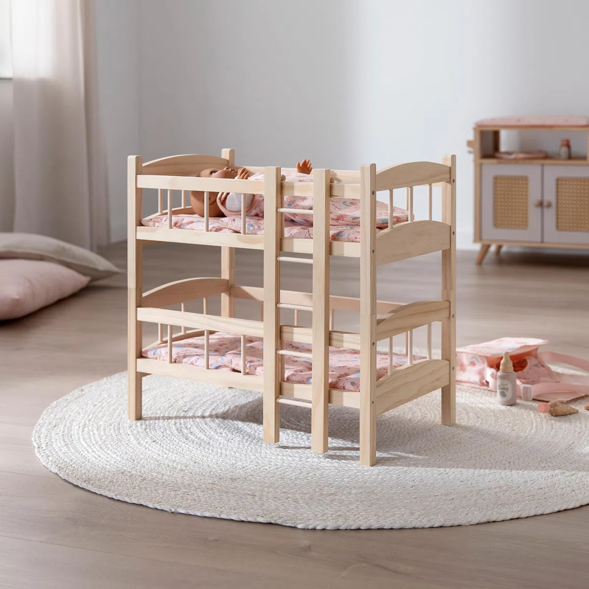howa Miniflowers 2460 Lit superposé en bois pour poupée avec 2 literie, convient pour poupées jusqu'à 50 cm, avec échelle, divisible en 2 lits de poupée