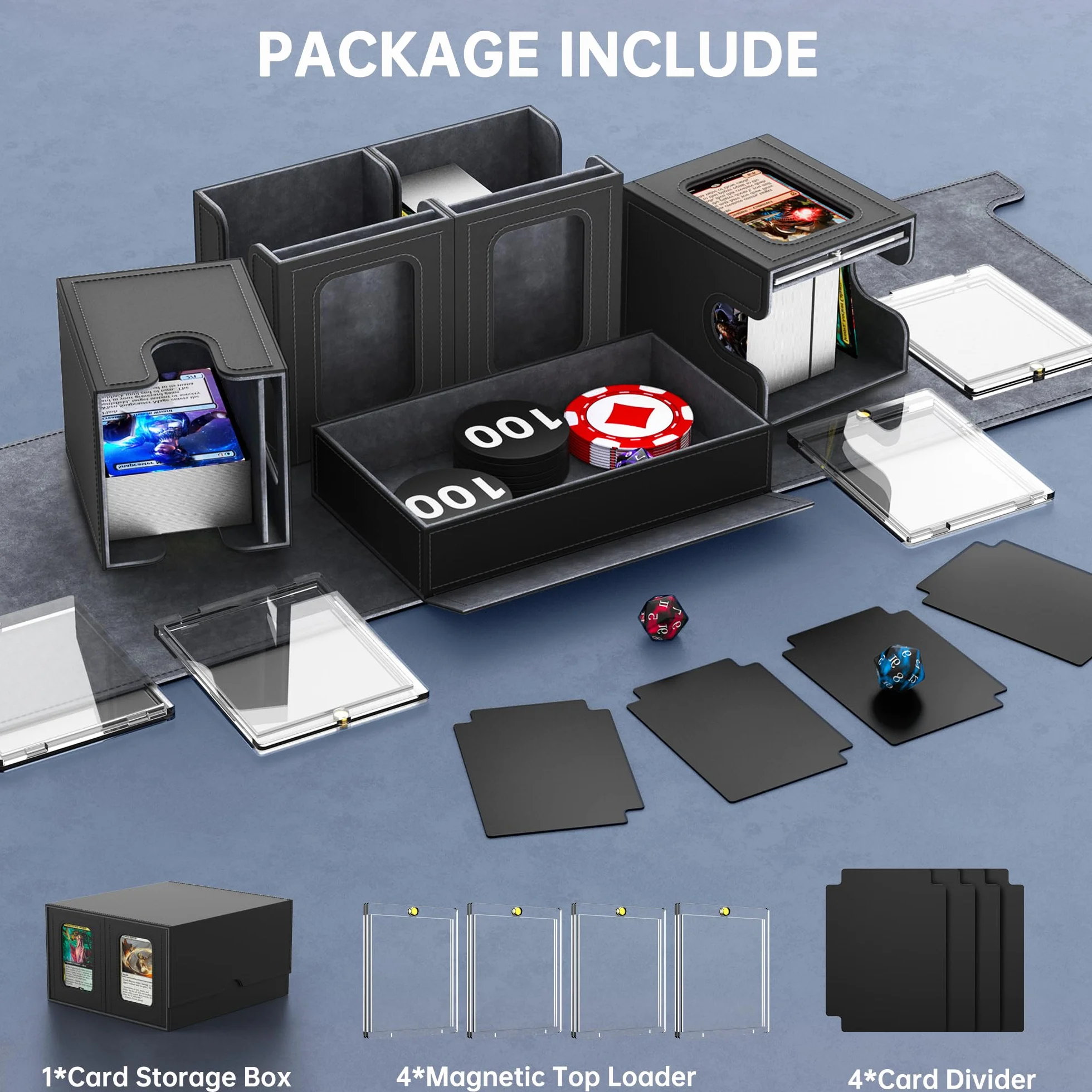Commander Deck Box pour MTG, boîte de rangement 5 en 1 pour plus de 400 cartes avec fenêtre de visualisation, couvercle amovible, bac à dés, pochette pour cartes de sport TCG et PTCG (gris)