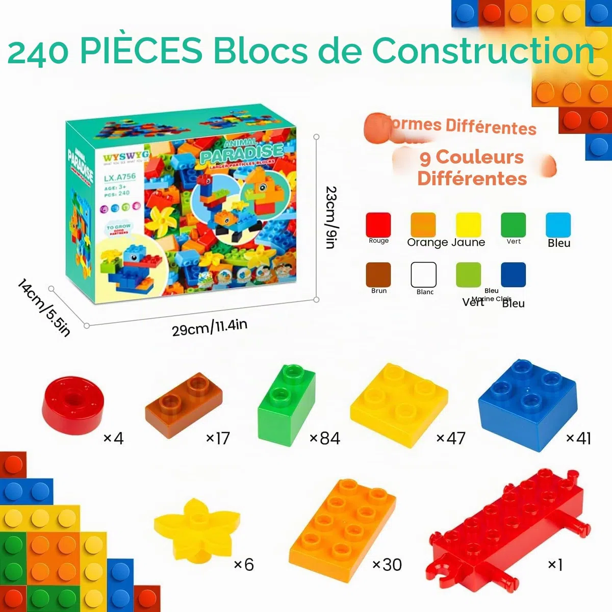 WYSWYG Grand Jeu de Blocs, Compatible, Jeu de Blocs de Base colorés, adapté aux 3-4-5 Ans, 240 Blocs