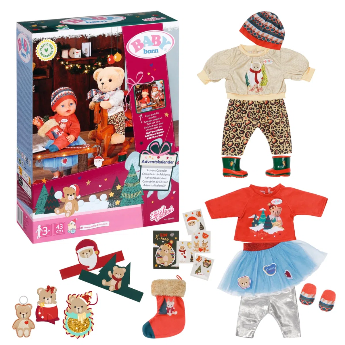 BABY born Calendrier de l'Avent 834466-24 vêtements & accessoires de haute qualité de Noël pour les poupées qui mesurent jusqu'à 43 cm – Avec 1 pull, 1 bonnet, des bottes, leggings & +, dès 3 ans