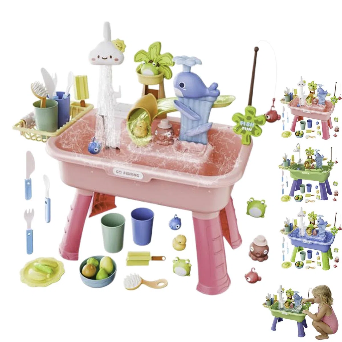 Générique Tables Jeux d'eau d'exterieur pour Enfant, Ensemble de Jeux d'eau et de Sable, évier 4 en 1 avec Eau Courante et Pompe, Jouet Multifonctionnel pour pour Plage, Piscine, Jardin(A)