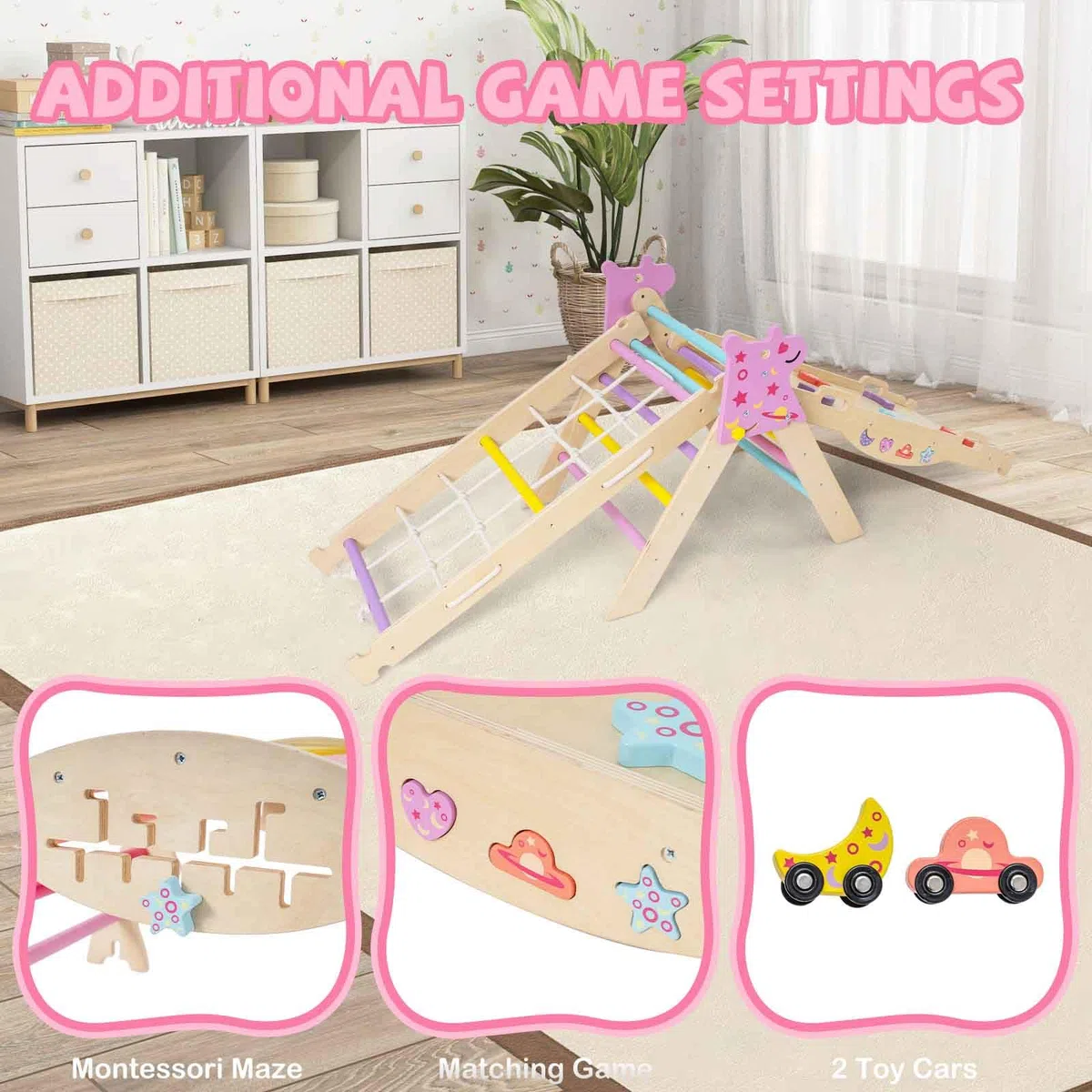 HOMASIS 4 en 1 Triangle à Grimper Montessori, Cadre d'escalade avec Arche, Rampe, Corde & Échelle, Aire de Jeux Éducative pour Enfants 3 Ans+ (Licorne, Couleur)
