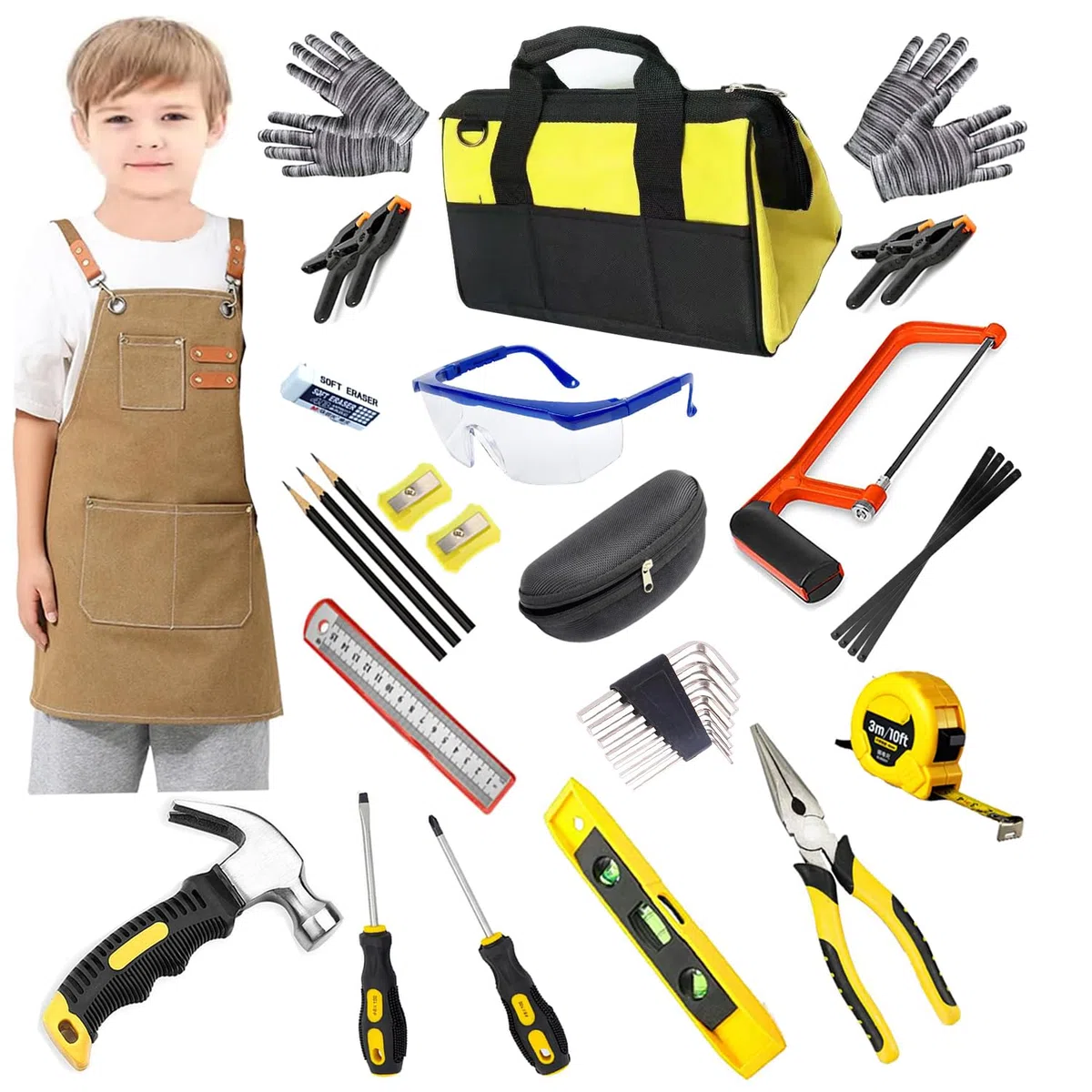 Kit d'outils pour enfants 38 pièces avec sac à outils, tablier, scie, cadeau éducatif