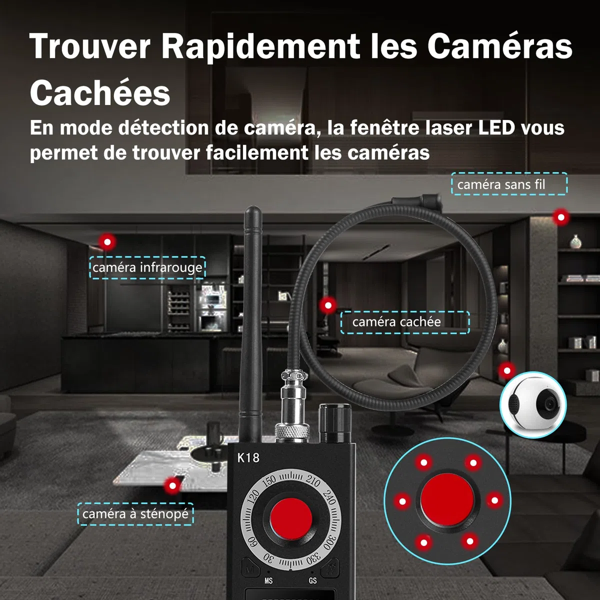 Micro Espion Détecteur, Bug Détecteur RF sans Fil, Détecteur de Micros GPS, Detecteur de Camera et Micro Espion, Détecteur de Bugs pour pour Bureau à Domicile Hôtel