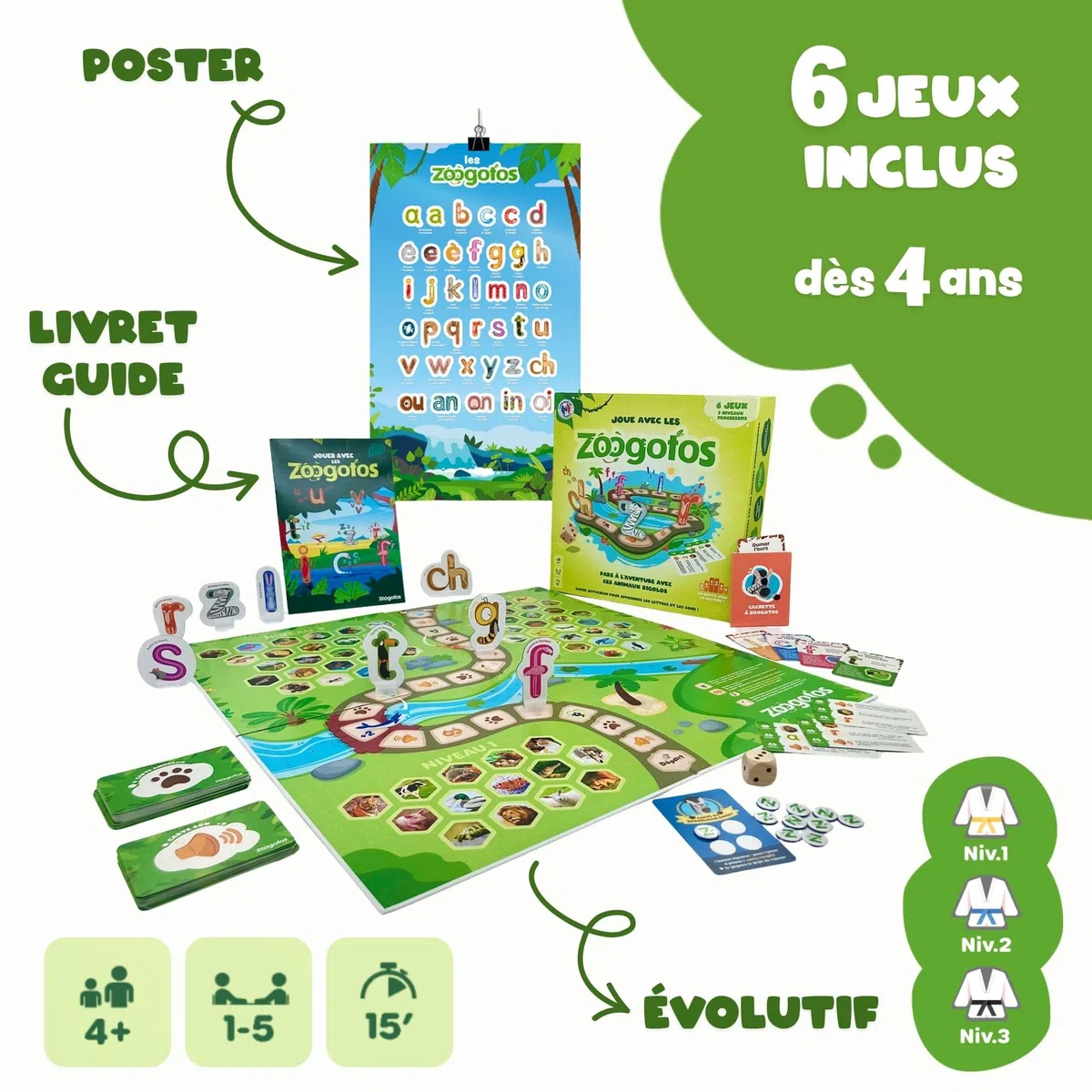 Jeu de Société Éducatif Lecture Enfant 4-7 Ans – 6 Jeux Progressifs et Ludiques pour Apprendre Les Lettres et Les Sons – Animaux-Lettres Astucieux – Méthode Éprouvée – Fabriqué en France