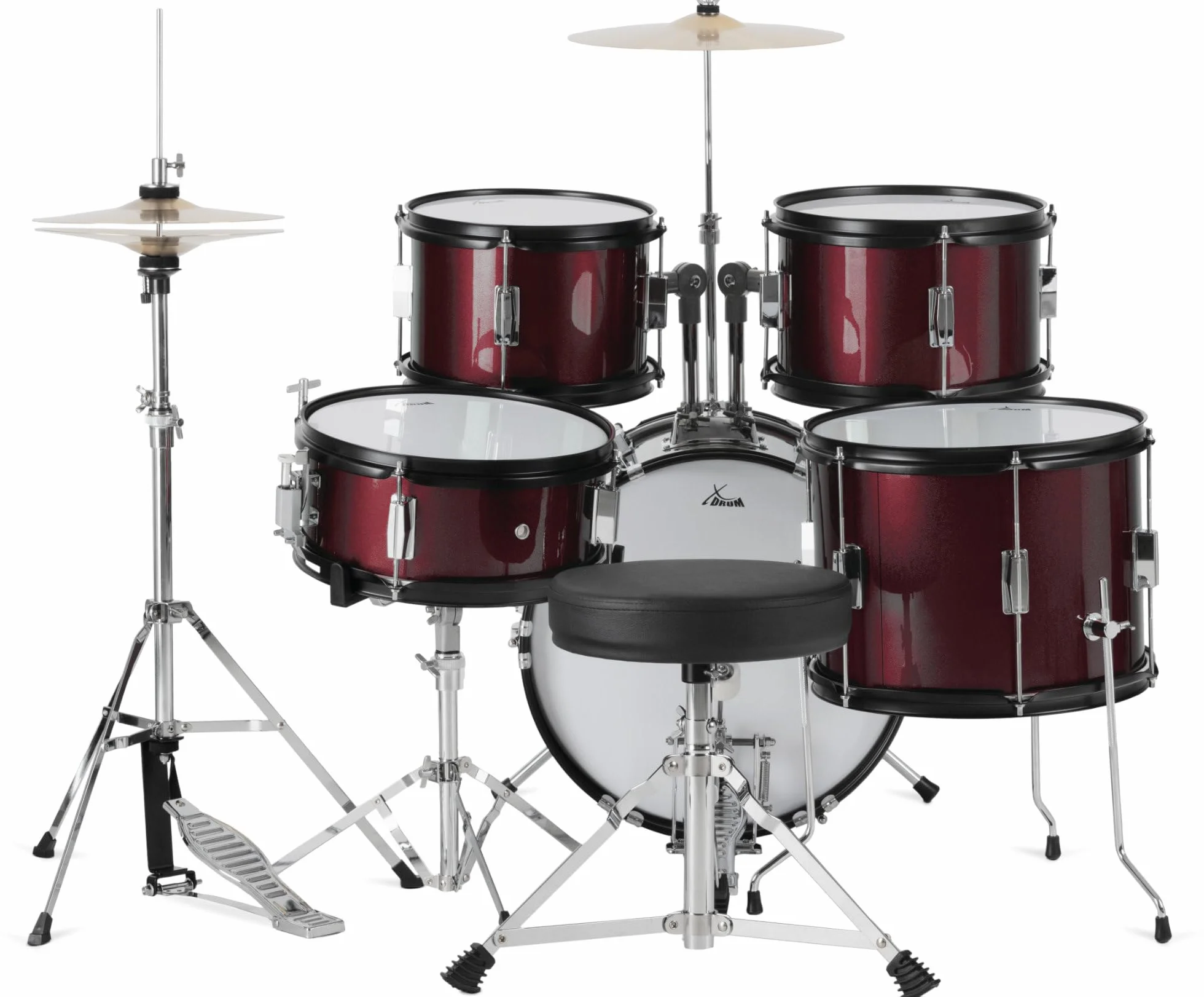 XDrum Junior Pro Batterie Enfant Rouge incl. École, Batterie composée de | Matériel 5 pièces simple, Grosse caisse 16", Pédale, HiHat 10", Caisse claire 12", Deux toms 10" et 11", Tom basse 13"