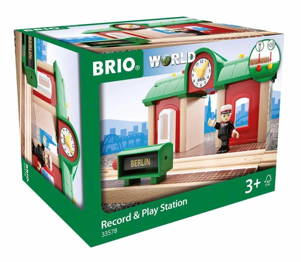 BRIO World - 33578 - Gare Principale à Enregistreur Vocal - Accessoire pour Circuit de Train en Bois - Fonction Son et lumière - Jouet Mixte à partir de 3 Ans