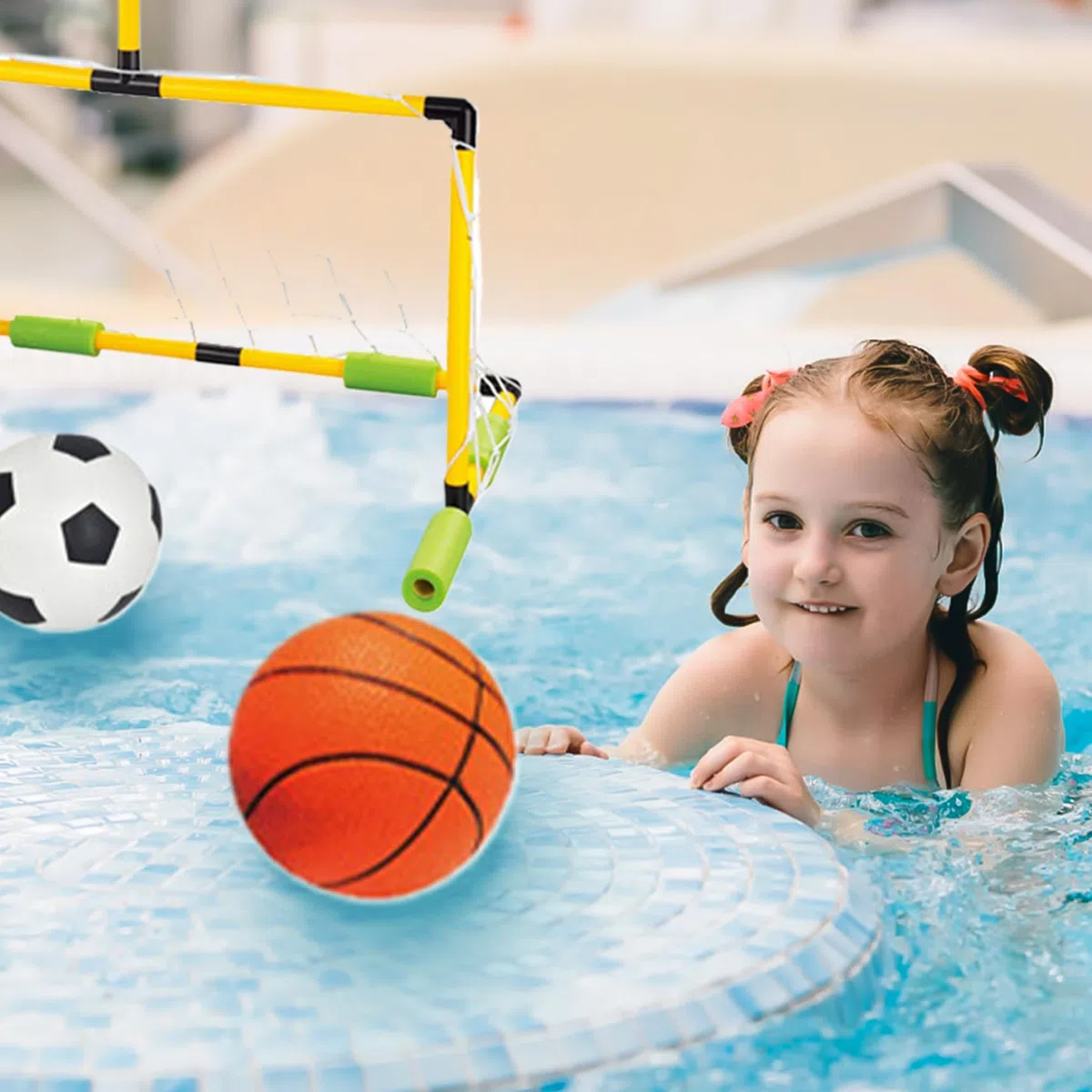 Cerceau de Basket-Ball Flottant pour Piscine, But de Football 2 en 1 et Panier Basket-Ball Piscine détachable avec 2 balles pour Enfants et Adultes