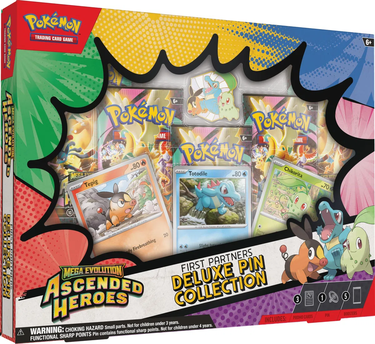 Pokémon TCG : Mega Evolution – Collection de Broches de Luxe Ascended Heroes First Partners (3 Cartes en Aluminium, 1 épingle de Luxe et 5 boosters)