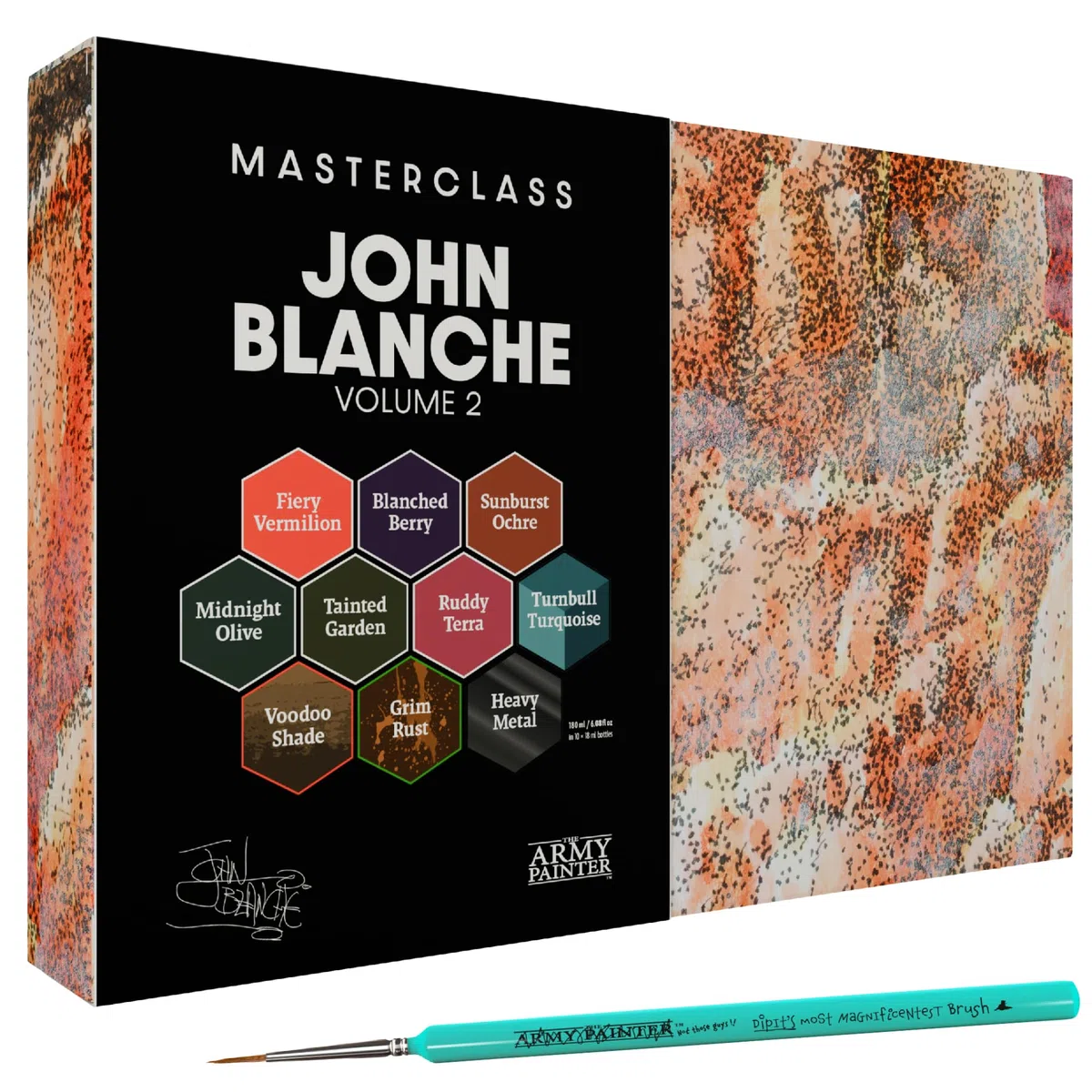 The Army Painter, Masterclass John Blanche Volume 2 combo, 6 Warpaints Fanatic, 1 Speedpaint, 1 lavis, 1 effet, 1 métallique, 1 art print, 1 pinceau – Peinture pour figurines de wargame.