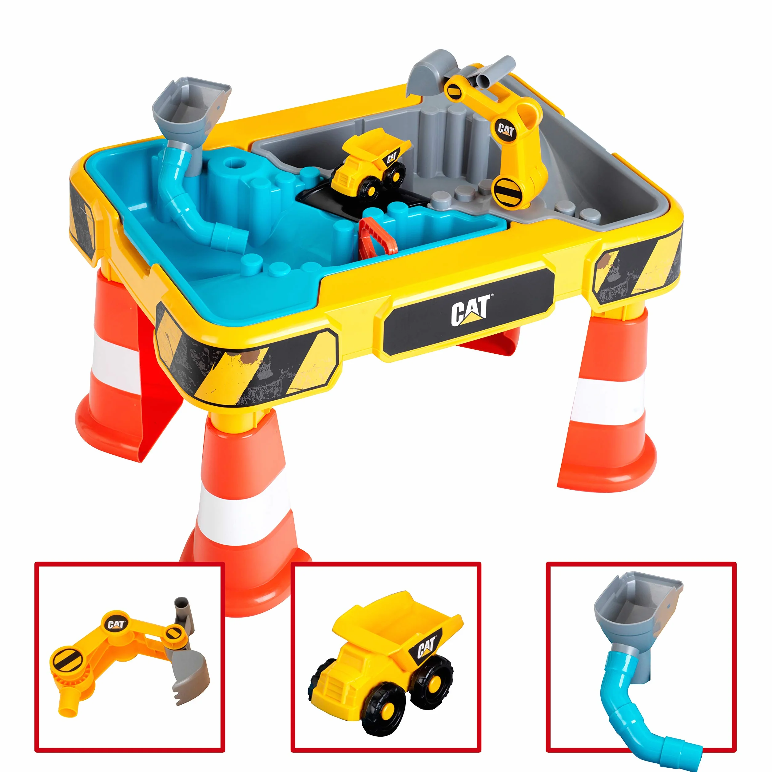 klein 3237 Table de Jeu Cat Sable et Eau, avec Bras de Pelleteuse, Benne, 2 tuyaux, stoppeurs et bassins Amovibles, Dimensions : 64 cm x 48 cm x 40 cm, Jouet pour Enfants à partir de 18 Mois