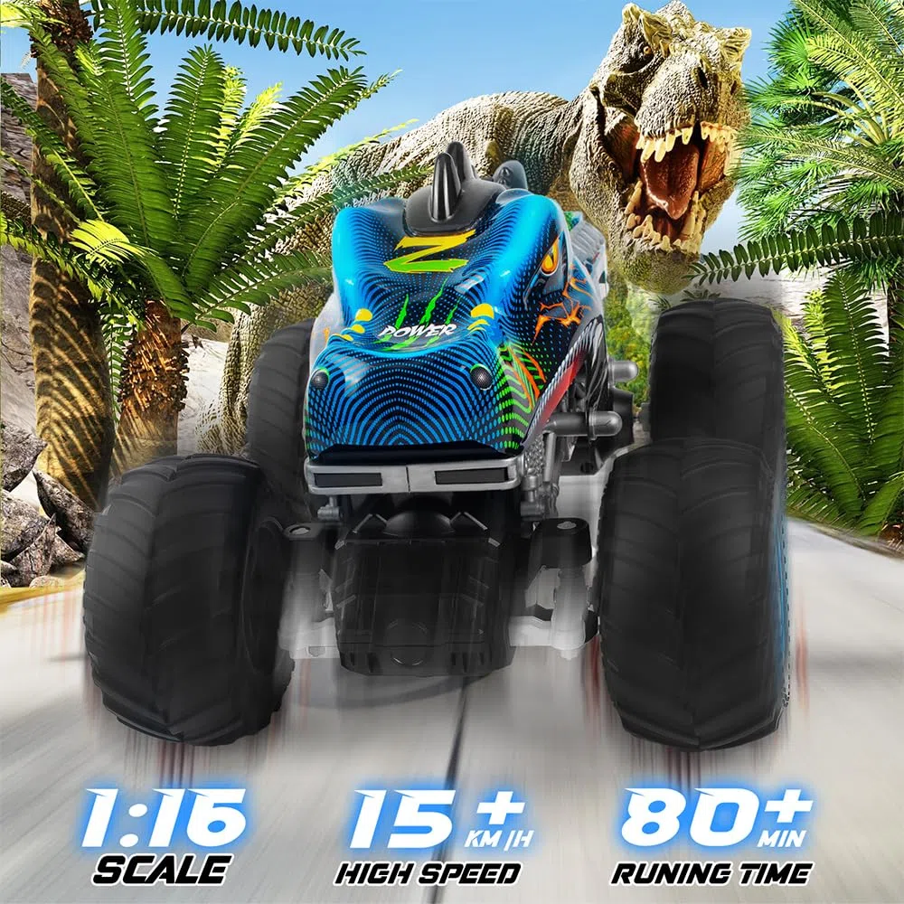 Voiture Telecommandé 1:16 RC Dinosaures Monster Truck 2.4GHz 20 Km/h Voiture Radiocommandée Tout Terrain Brume de Pulvérisation Musique Lumières LED Cadeau Les Enfants de 4 5 6 8 Ans Rouge