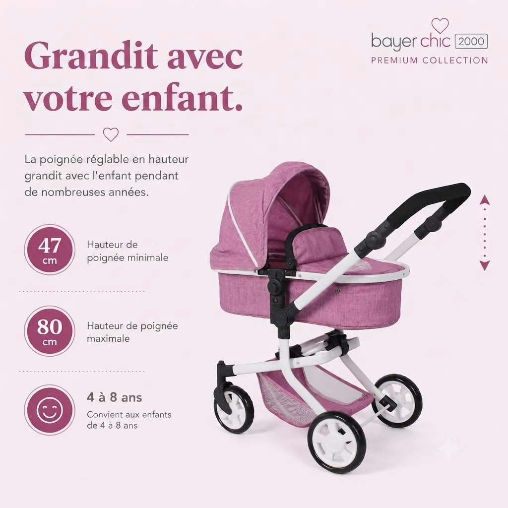 Bayer Chic 2000 Poussette poupée Mika 2 en 1 Pliable et réglable | Poussette poupée 2 en 1 pliable avec poignée réglable (47-80 cm), pour poupées jusqu'à 52 cm.