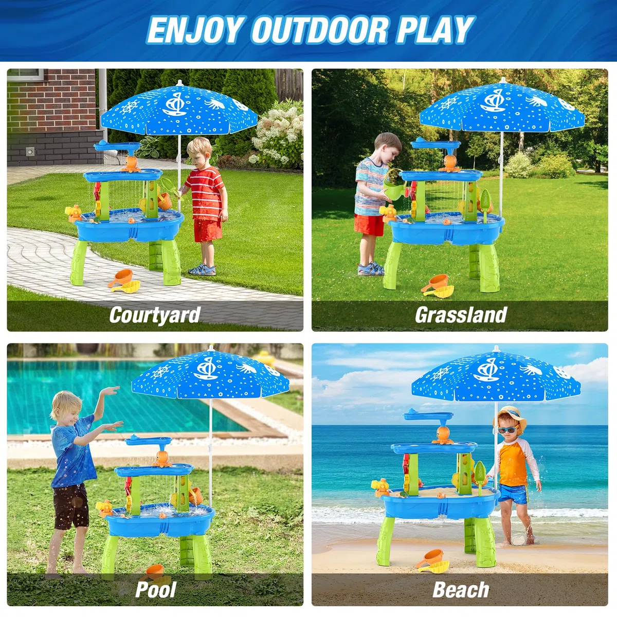 HYES Table d'eau pour Enfants, 3-Tier Table Sable et Eau Jouets avec Parapluie, Douches de Pluie Splash étang pour Plage Cour, Table Eau Sable Jeux de d'été Exterieur pour Garçons Filles, Bleu