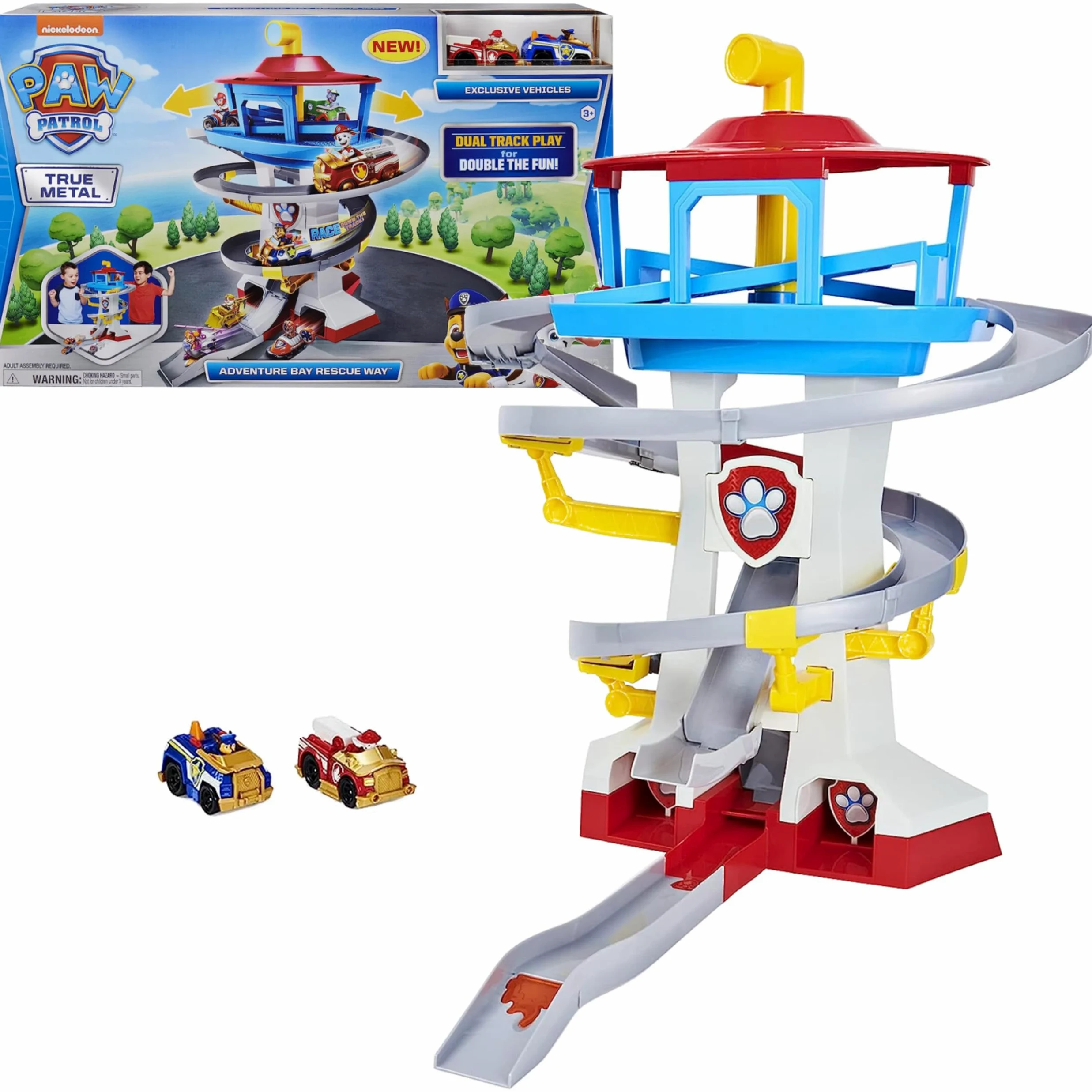 Paw Patrol True Metal Adventure Bay Rescue Way Ensemble de Jeu avec 2 véhicules exclusifs, échelle 1/55