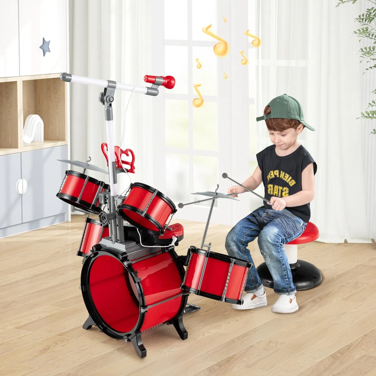 KOMFOTTEU Batterie de Jazz pour Enfant de 3 Ans+, avec Microphone, Ensemble de Batterie avec Tabouret, 5 Tambours, 2 Baguettes, 8 Touches, Connecteur MP3, Instrument Musique pour Enfant