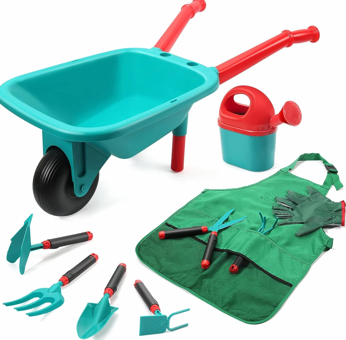 CUTE STONE Brouette Enfants Ensemble d'outils jardinage pour enfants, jouets jardin avec brouette, gants, râteau à main, pelle, double houe, jouets d'intérieur et d'extérieur, cadeau garçons et filles