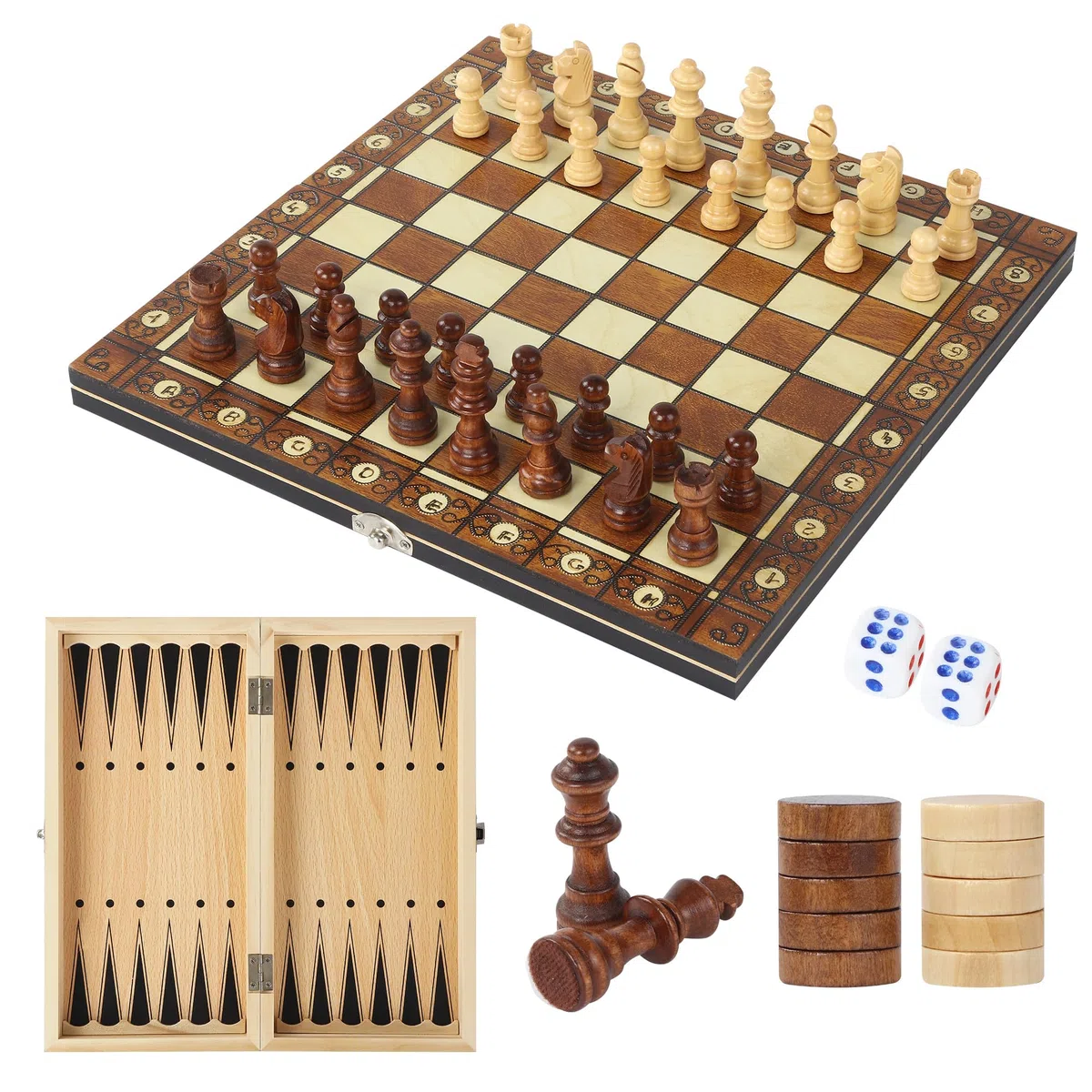 Jeu D'échecs, 3 en 1 Jeu d'échecs magnétique Bois,29 x 29 cm, échiquier de Voyage pour Adultes et Enfants, Portable Pliable Les fêtes, activités Familiales