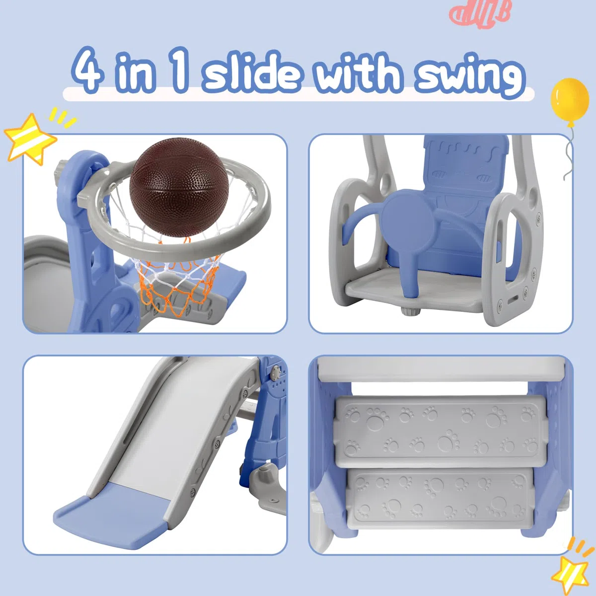 Toboggan pour Enfant 4 en 1, Toboggan pour Bébé avec Panier de Basket, Fauteuil à Bascule, Balançoire, Toboggan Intérieur et Extérieur Enfant Toboggan pour Tout-Petits (Bleu, 140x118x82)