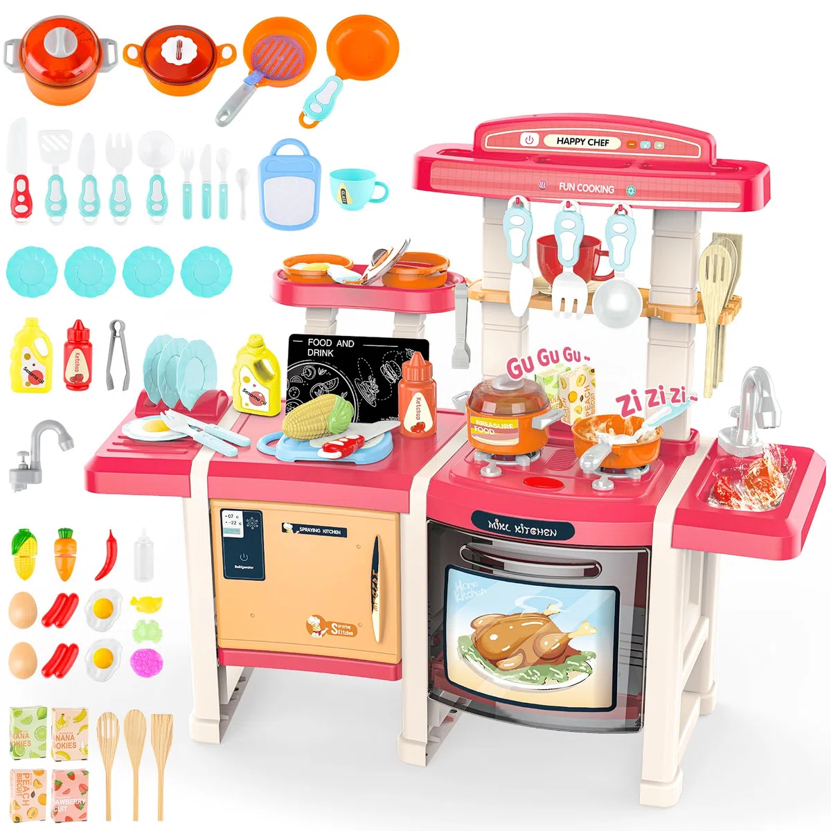deAO Kit Cuisine pour Enfants,avec Ustensiles De Cuisine,Lumière,Son,Eau,Vapeur D’Eau Imitant La Cuisson,Cuisine Enfant 2 Ans,Taille 78x28x70CM