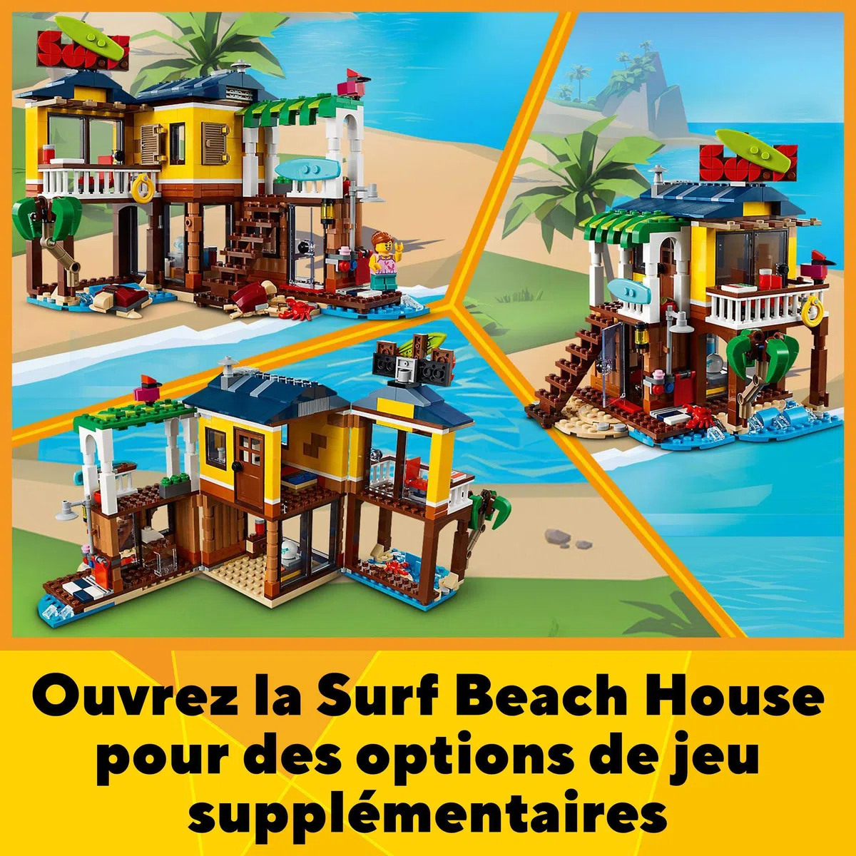 LEGO 31118 Creator 3-en-1 La Maison sur la Plage du Surfeur, Jeu de Construction, Figurines Animaux Marins, Piscine, Idée Cadeau Enfants 8 Ans et Plus