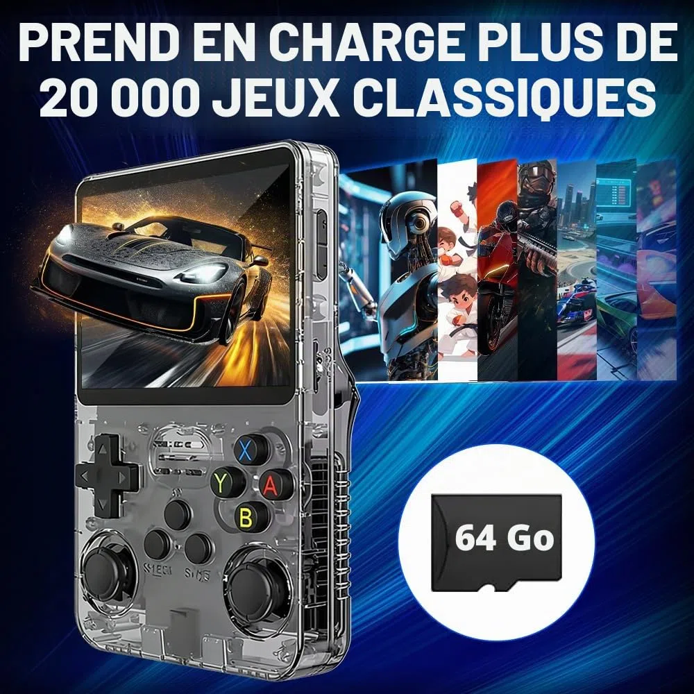 R36s Console de jeu portable, rétro, avec écran de 3,5 ", carte TF de 64 Go et plus de 15 000 jeux classiques, portable, noire