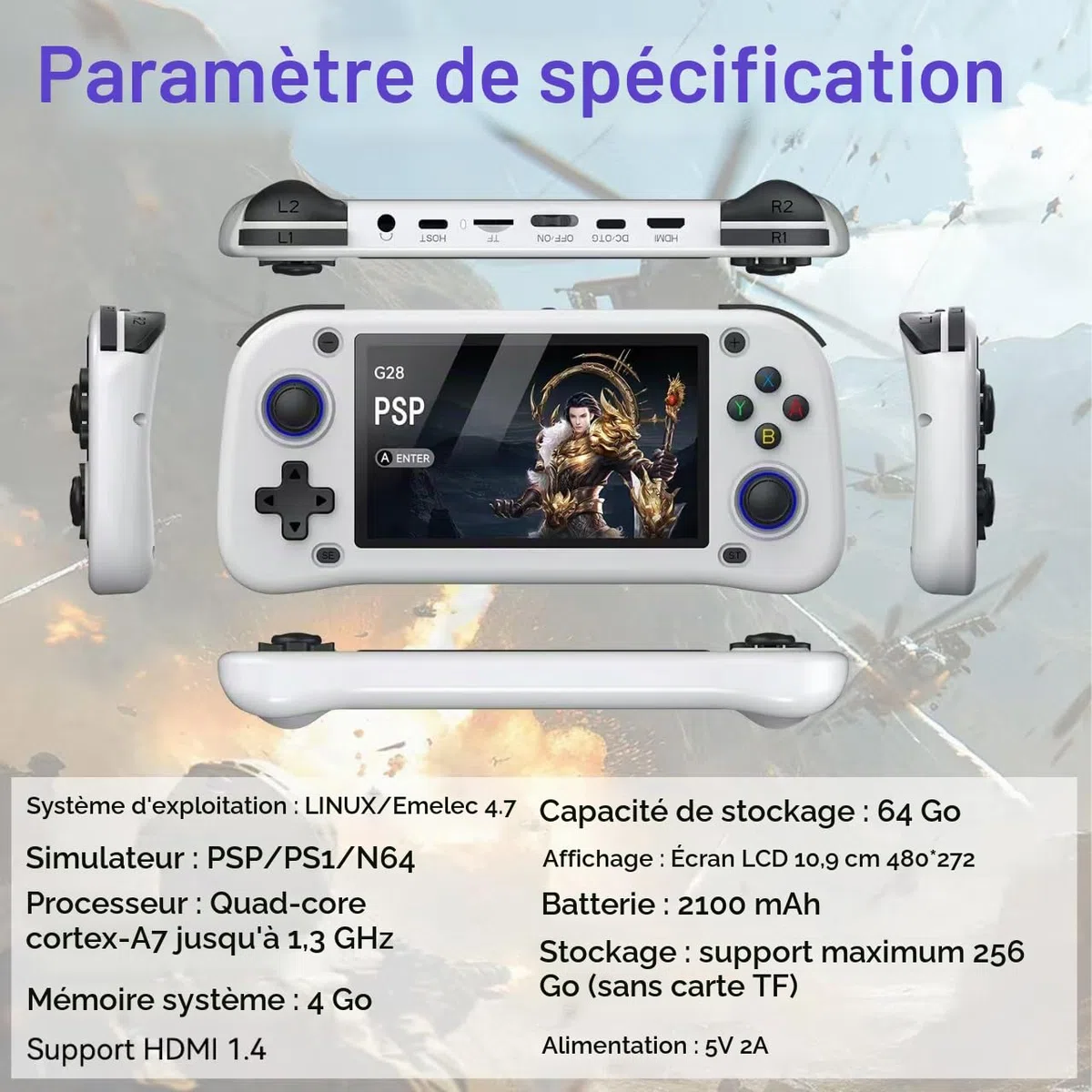 Nouvelle console de jeu portable, 64 Go de mémoire interne avec 15 000 jeux, système Linux, console de jeu vidéo portable, écran IPS de 4,3 pouces, plus de 30 émulateurs et système Linux (Noir, 64 Go)