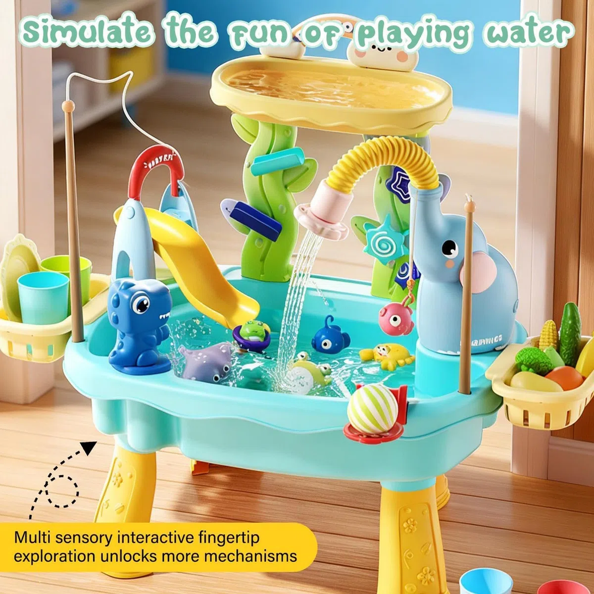 Table d'Eau Enfant Électrique avec Pompe, 4 en 1 Évier Jouet avec Eau Courante, Table d'Activité Sable et Eau avec Jeu de Pêche et Accessoires, Jouet Extérieur pour Fille Garçon 1-8 Ans, 60x43x48cm