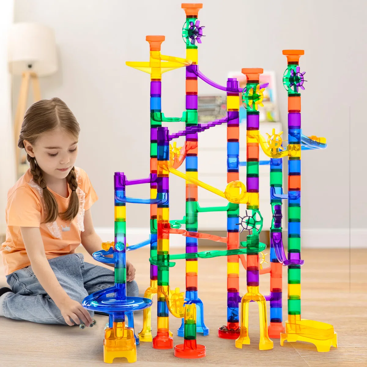 JOYIN Circuits de Billes Ensemble de Marble Run (170 pièces), Jouet de Bloc de Construction Educatif STEM (120 pièces en Plastique + 50 Billes de Verre)