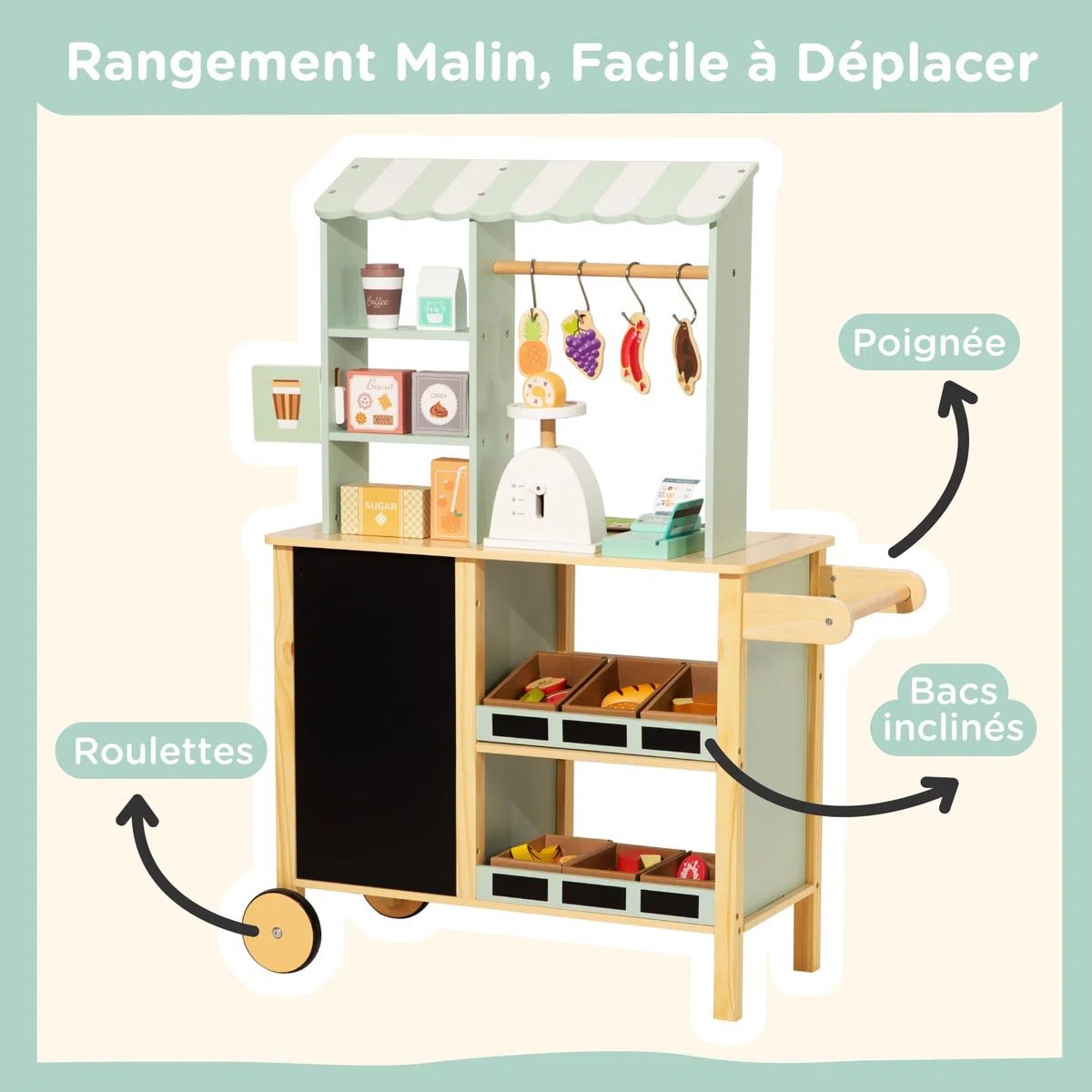 Nene Toys Marchande Enfant en Bois – Stand Marchande / Épicerie Tout-en-Un avec Caisse enregistreuse, Balance, Ardoise, Bacs inclinés & Roulettes – Côté réversible avec Four – Jouet 3–7 ans