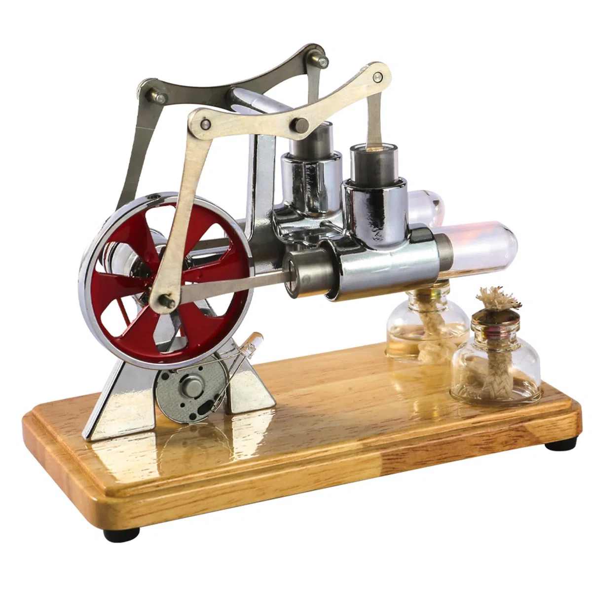 Moteur Stirling, Kit de Moteur Stirling à Double Cylindre équilibré avec Plaque de Base en Chêne et Artisanat Goutte à Goutte pour les Expositions éducatives et le Divertissement