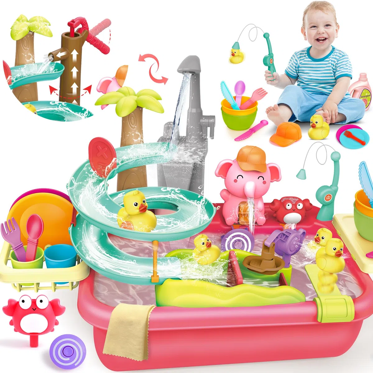 VATOS Évier de jeu avec eau courante, robinet électrique et manuel 2 en 1, jouet d'évier de cuisine, toboggan de canard, table à eau d'été, ensemble de lave-vaisselle pour enfants pour garçons et