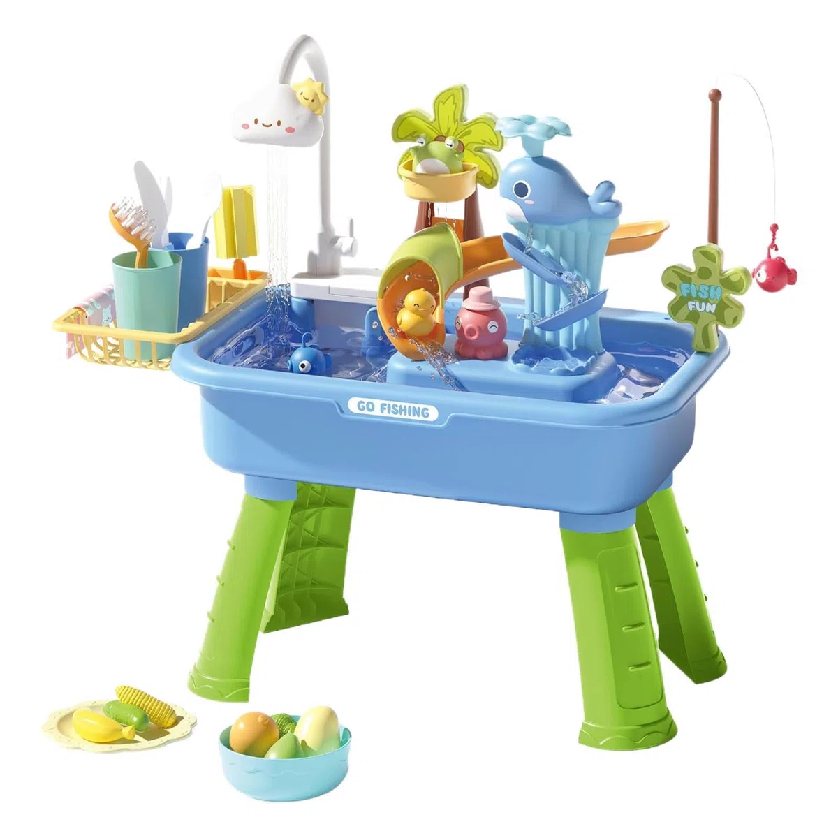 Générique Table De Sable Et d'eau, Evier De Cuisine Jouet avec Pompe Circulation Automatique Et Eau Courante pour Jardin Piscine Exterieur, Peche Ludique pour Coordination