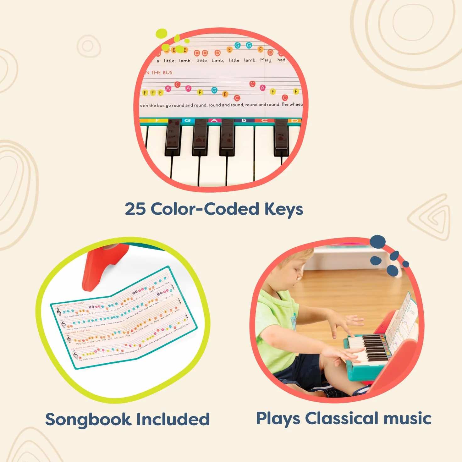 B. toys Jouet en Bois Mini Maestro avec Touches colorées, Plan, Lot de 1 | Livret de 6 compositions classiques inclus pour l’éveil musical et la créativité, Plan, Lot de 1, 3 ans et +