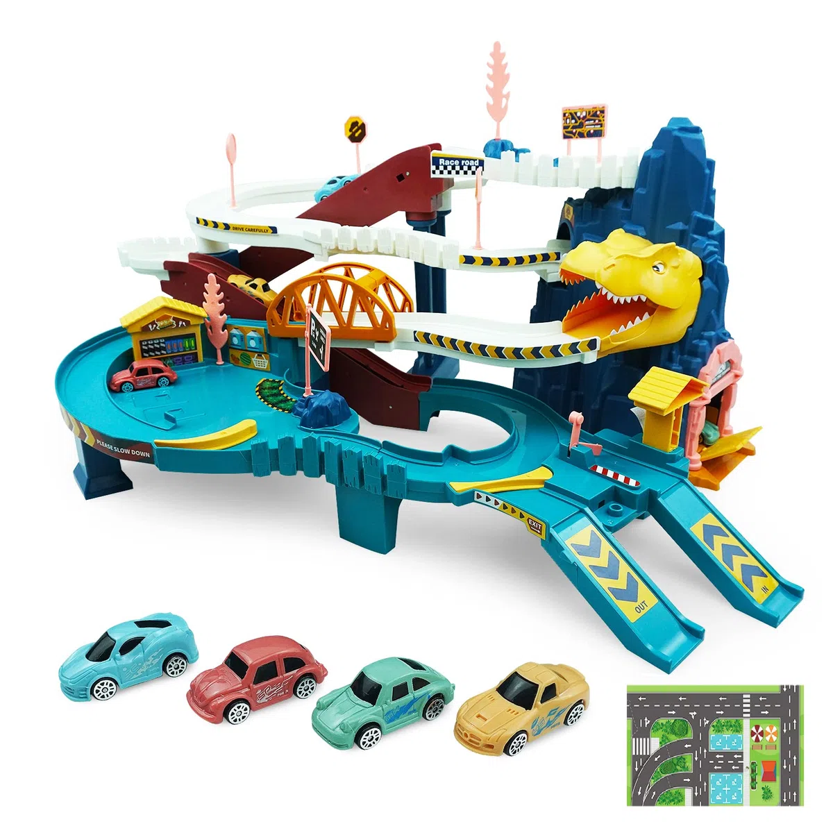 RedCrab Circuit Enfant, Dino Circuit avec 4 Voiture Jouets et Rails pour 3-14 Ans, Festival Cadeau Garçon/Fille