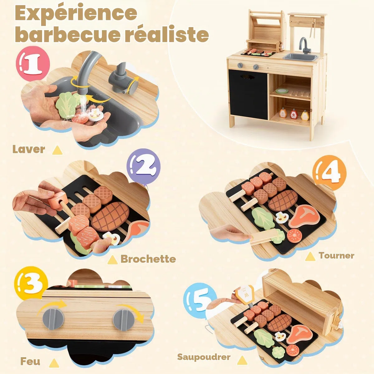 HOMASIS Cuisine extérieure pour Enfants avec Barbecue, Table, évier, Cuisine Jouet avec 27 Accessoires, Ensemble Jouet en Bois de Sapin