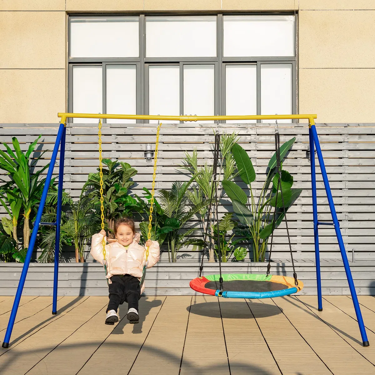 COSTWAY Portique Balançoire Extérieur en Métal avec 2 Balançoires, Balançoire Enfant Extérieur avec Cadre en Forme A & Cordes Réglables, Charge Max 300kg pour Adulte et Enfant de 3 Ans+