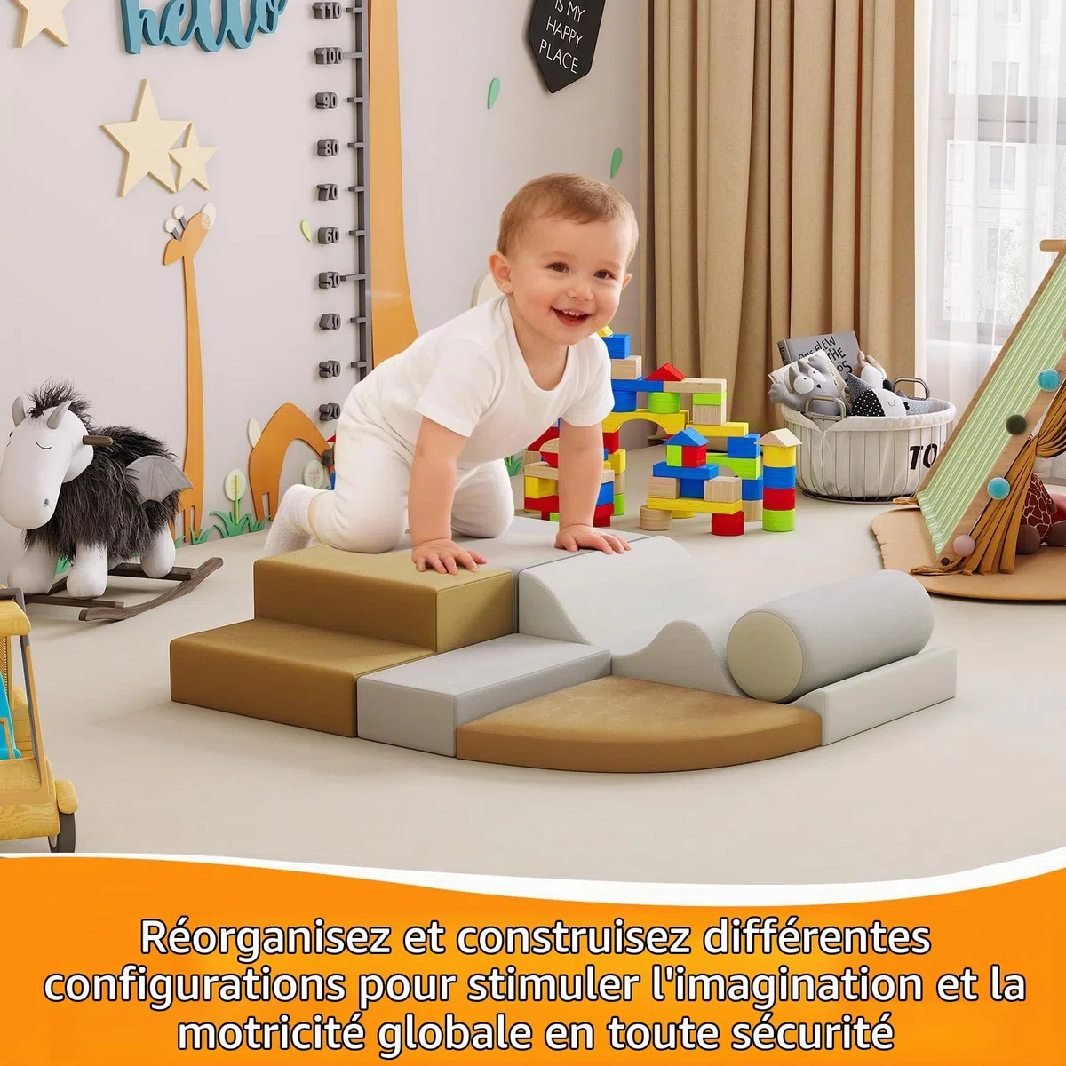 Parcours Motricité Bébé 6 Pièces, Module De Motricité En Mousse Souple, Blocs d'Escalade Lavables, Jeu d'Intérieur Pliable Pour Maison Et Crèche, Développement Motricité Globale, 100x80x20 cm