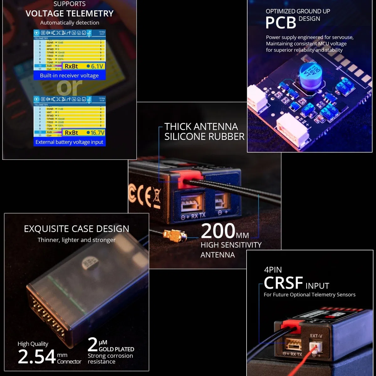 HTLNUZD ER6 PWM 2.4G RC Récepteur 6CH CRSF pour Radiomaster Support Tension Télémétrie WiFi Mise à jour pour Avions à voilure fixe Noir, Noir, 1.6