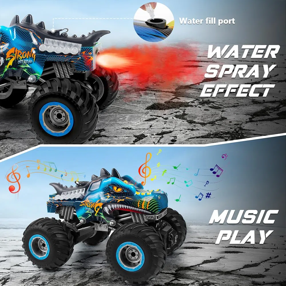 Voiture Telecommandé 1:16 RC Dinosaures Monster Truck 2.4GHz 20 Km/h Voiture Radiocommandée Tout Terrain Brume de Pulvérisation Musique Lumières LED Cadeau Les Enfants de 4 5 6 8 Ans Rouge